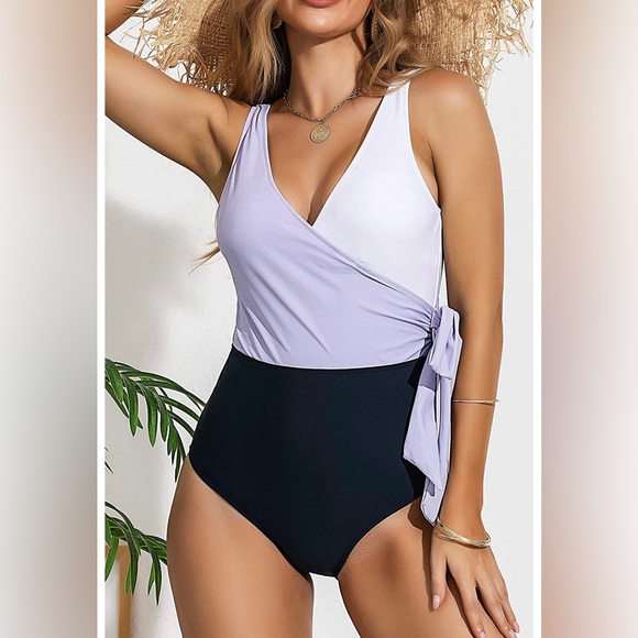 Purple Black White Color Block One Piece Swimsuit Bow Knot Size M - Picture 5 of 5